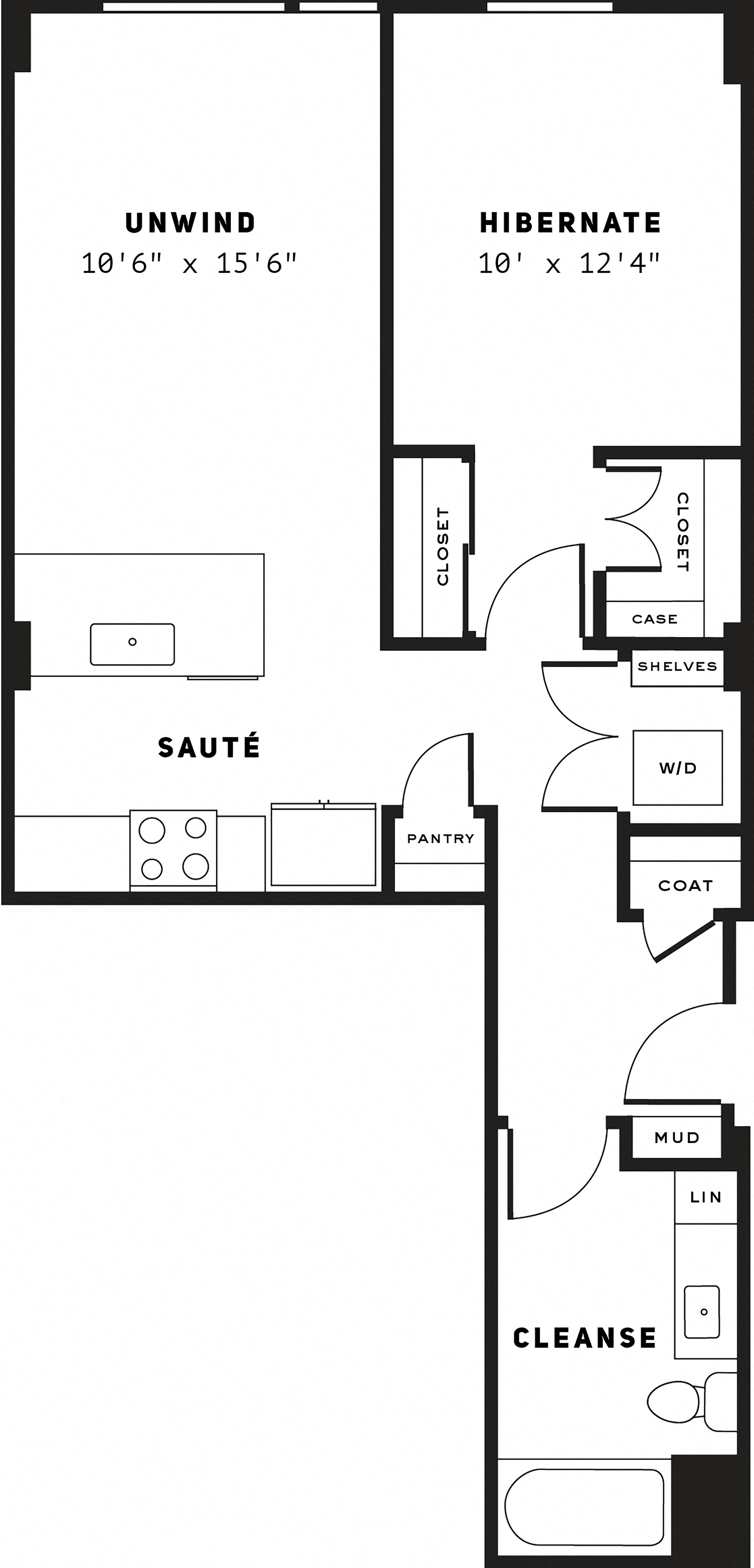 Floor plan for 1 bed, 1 bath, 722 sqft